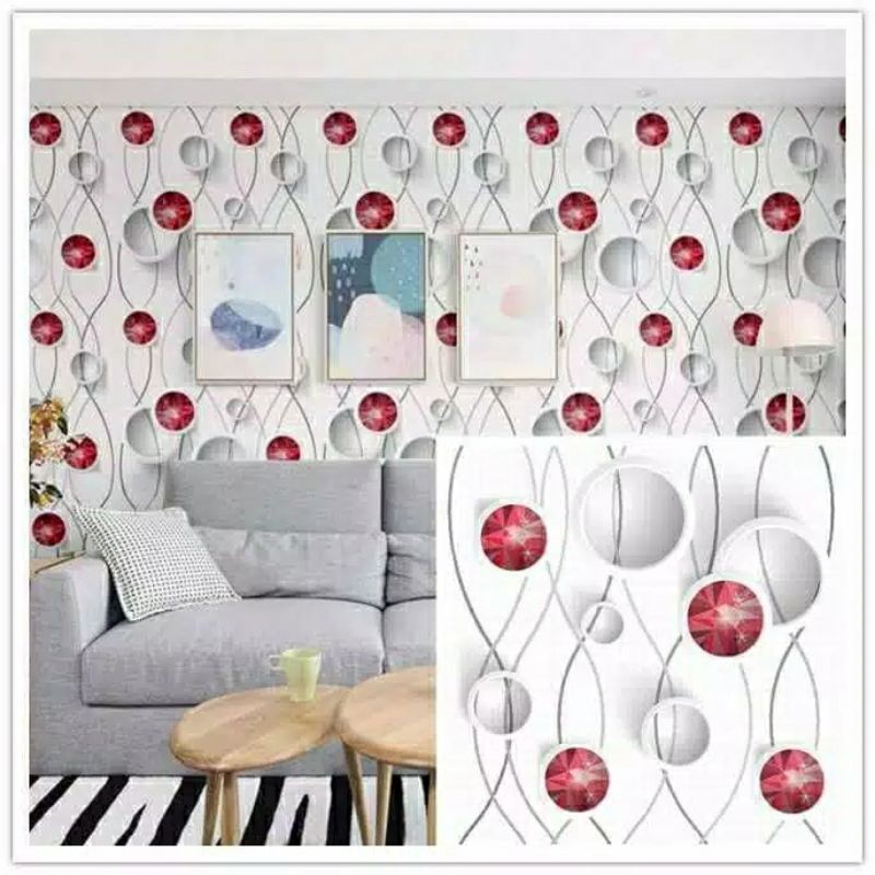 Wallpaper Dinding Motif Wave Bulat Merah 9sd10mx45cm