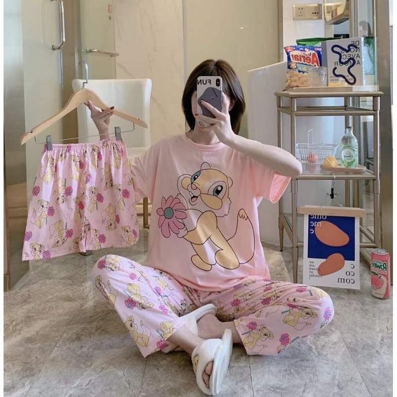 JC- Stelan Oversize 3in1 Import / Piyama 3in1 / Piyama Korea wanita terbaru Murah-3in1 Cute Chip Salem