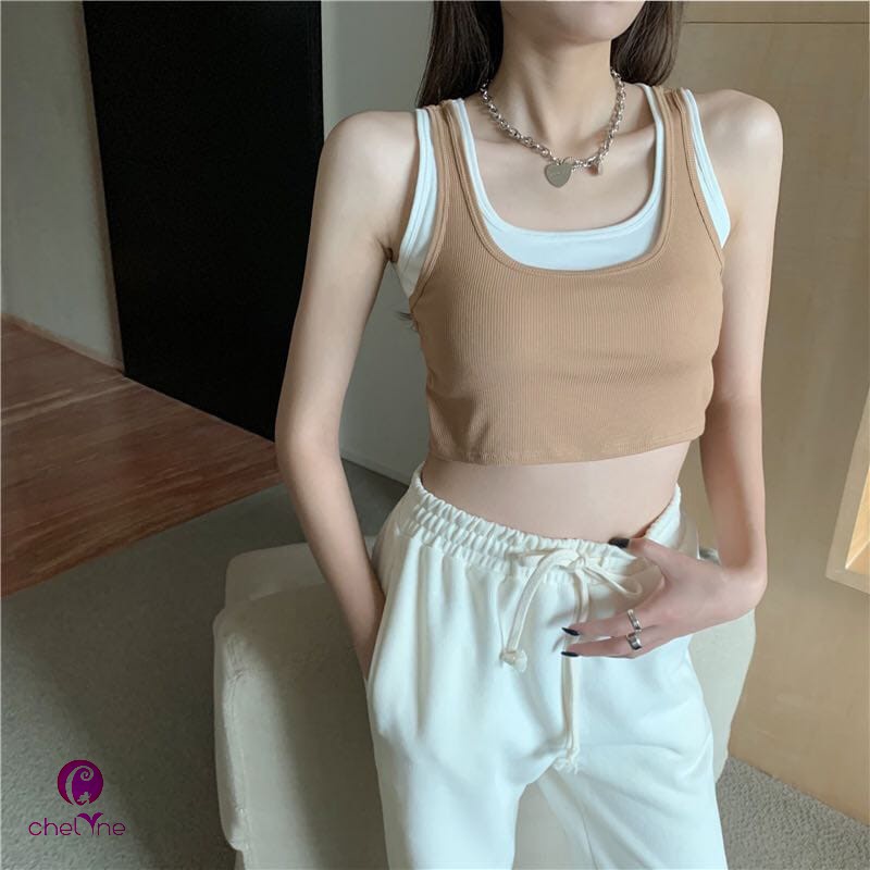 Chelyne Atasan Crop Top With Pad T6880 Tank Top Fashion Bahan Kaos (Inner/Outer/Top)