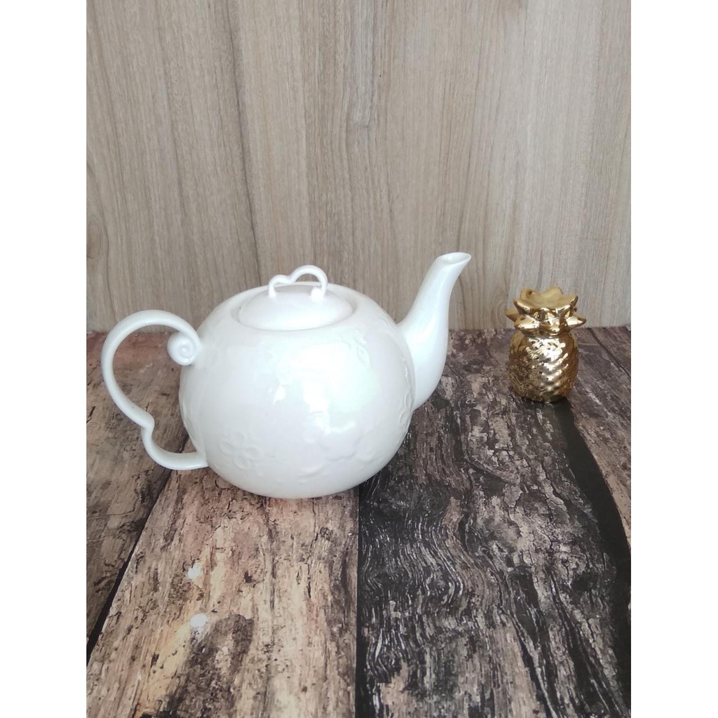 Teko keramik premium putih motif renda ukir