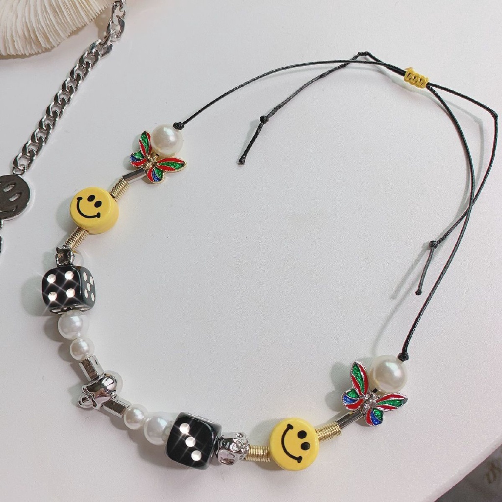 Ins Star Clavicle Chain with Multi-element Dice Skull Pearl Smiley Face Necklace