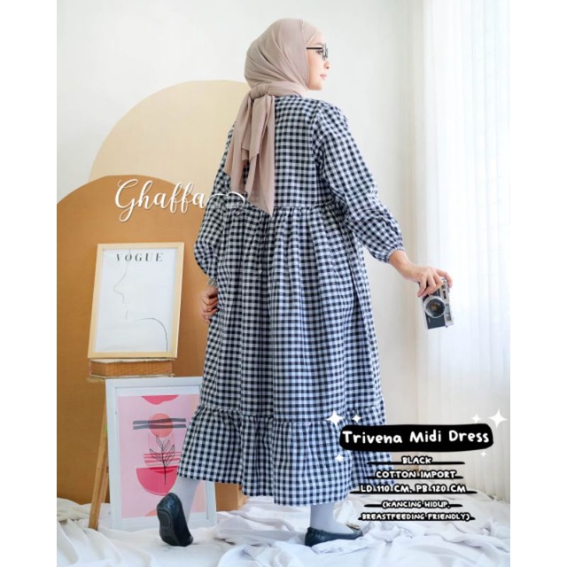 Trivena midi dress motif kotak-kotak bahan katun by ghaffa the label