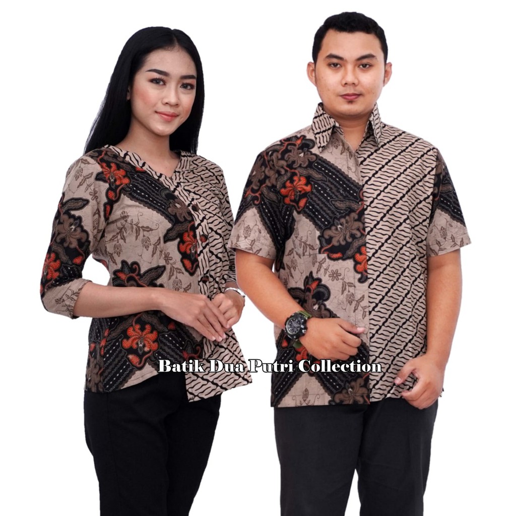 Couple Batik Atasan Wanita Kemeja Batik Pria Cokmud Oren By Batik Dua Putri Collection