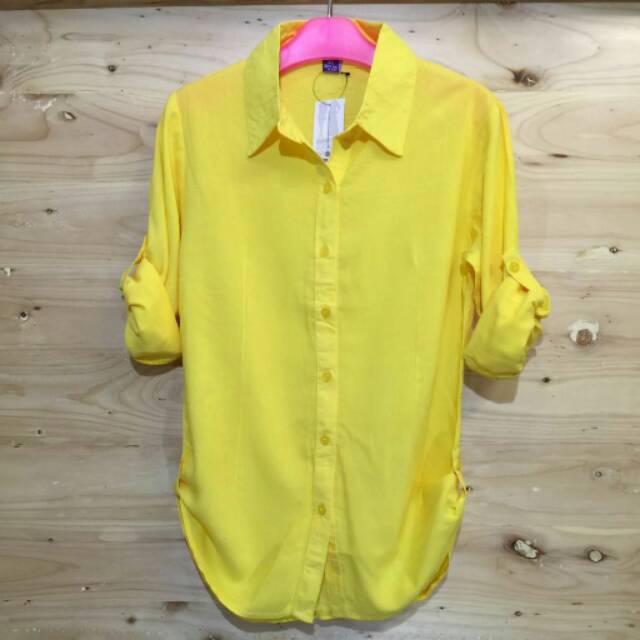 KEMEJA RAYON POLOS WANITA WARNA KUNING SOFT  MODEL LENGAN 