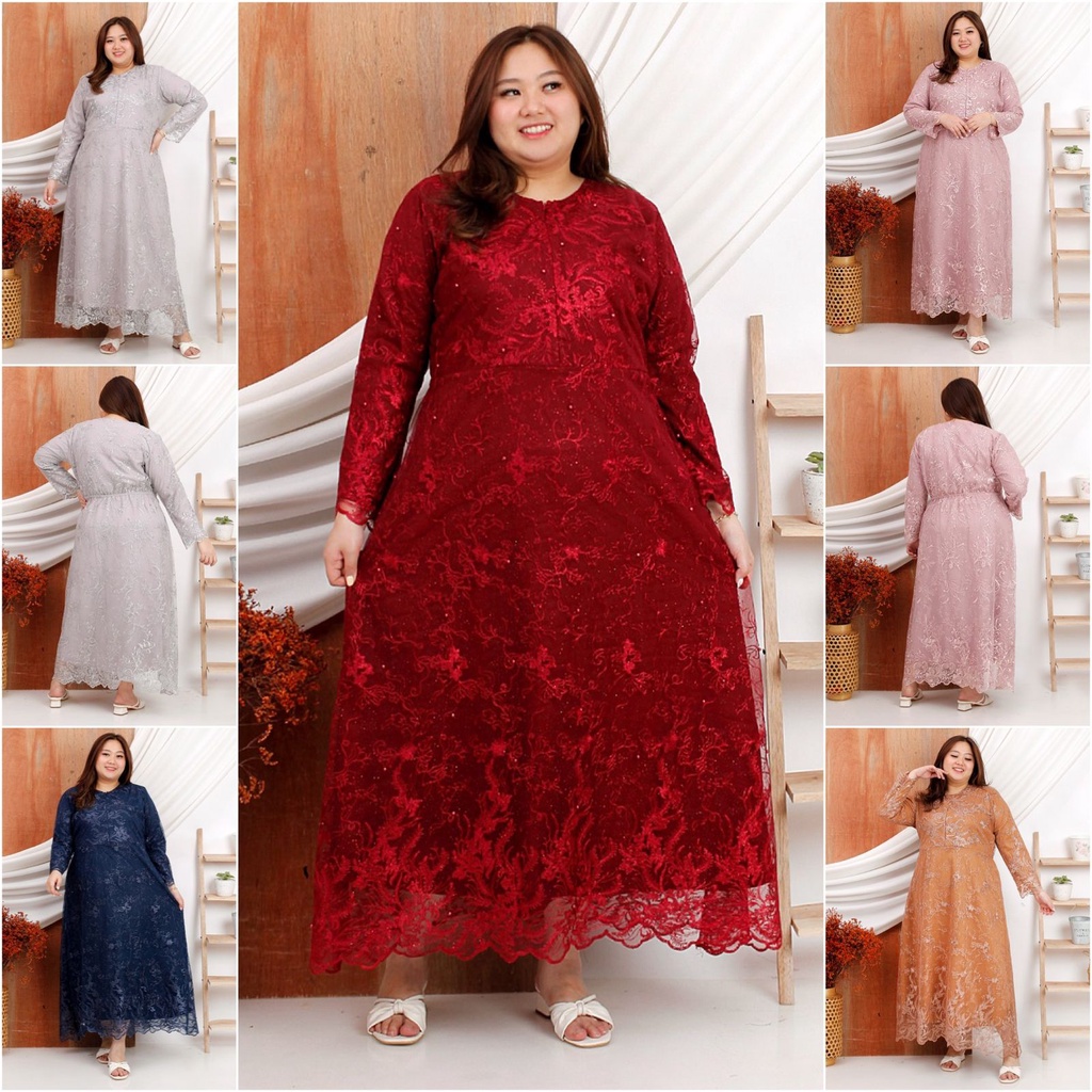 (FULL BRUKAT) GAMIS SARAH TILE JUMBO BIGSIZE XXL - XXXL MAXI DRESS LEBARAN DRES IDUL FITRI KONDANGAN PESTA MURAH BROKAT TILLE TULLE