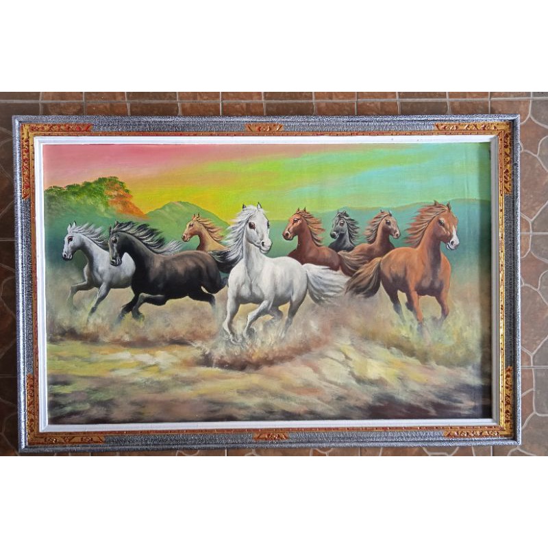 lukisan kuda berlari dengan bingkai Bali besar dan termurah