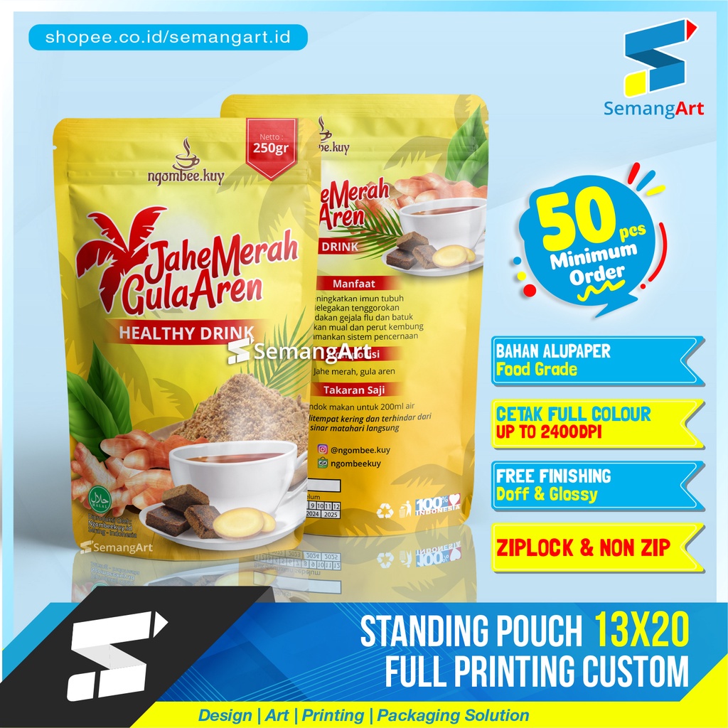 Cetak Kemasan Standing Pouch 13x20 Zipper Ziplock Makanan Desain Custom