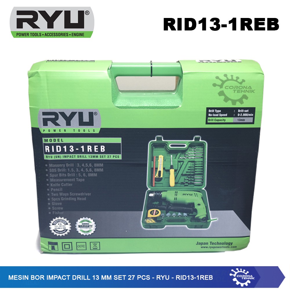 Ryu - RID13-1REB - Mesin Bor Impact Drill 13 mm Set 27 Pcs