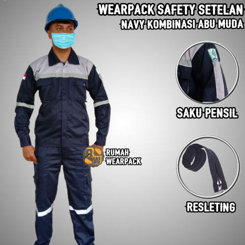 Setelan Wearpack Safety dan Celana Safety Warna Navy Kombinasi Abu Muda