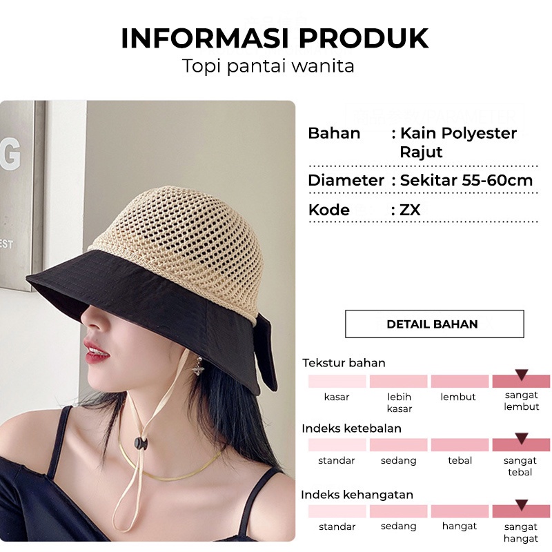 Topi Pantai Wanita Bucket Hat Korea Setengah Rajut Pita Belakang Anti UV ZX