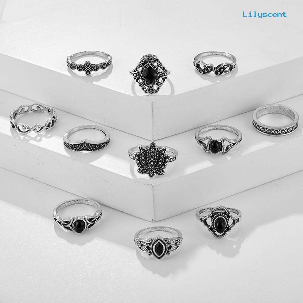 11 Pcs Cincin Jari Desain Ukiran Lotus Waterdrop Aksen Batu Permata Tiruan Untuk Wanita