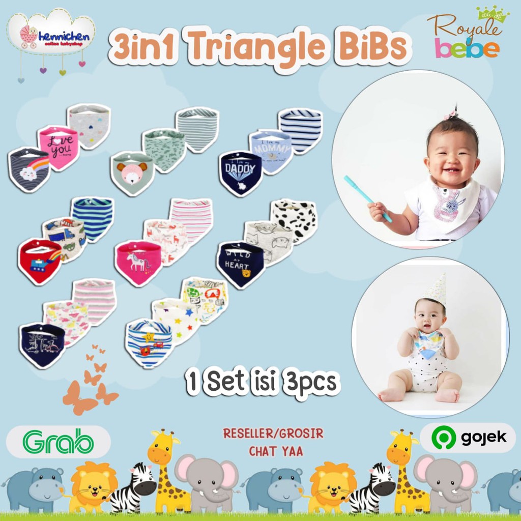 Royale Bebe 3 in 1 Bib segitiga 3 Pcs bib bayi slabber bayi celemek bayi isi 3 PCS