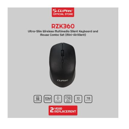 Keyboard mouse cliptec wireless usb 2.4ghz combo slim mini 78 keys optical 1600dpi 4d air xilent rzk-360 rzk360