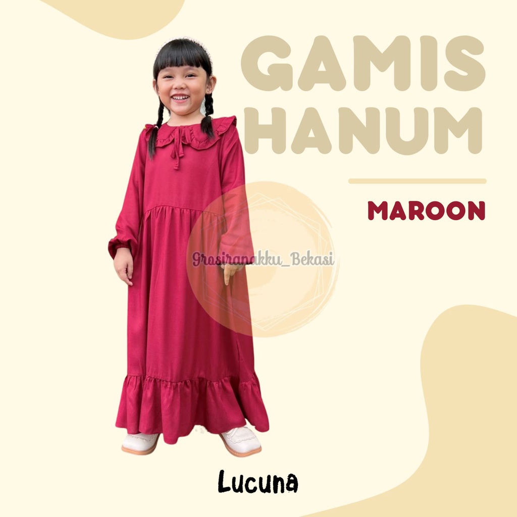 Gamis Rayon Anak Hanum Lucuna Warna Maroon Size 2-10 Thn