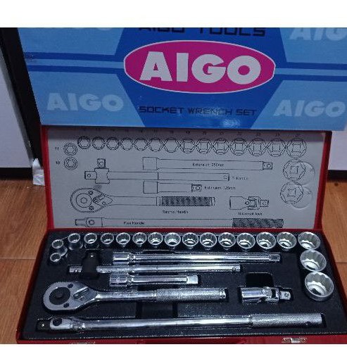 Kunci shock set 25 pcs 12 PT AIGO socket wrench set