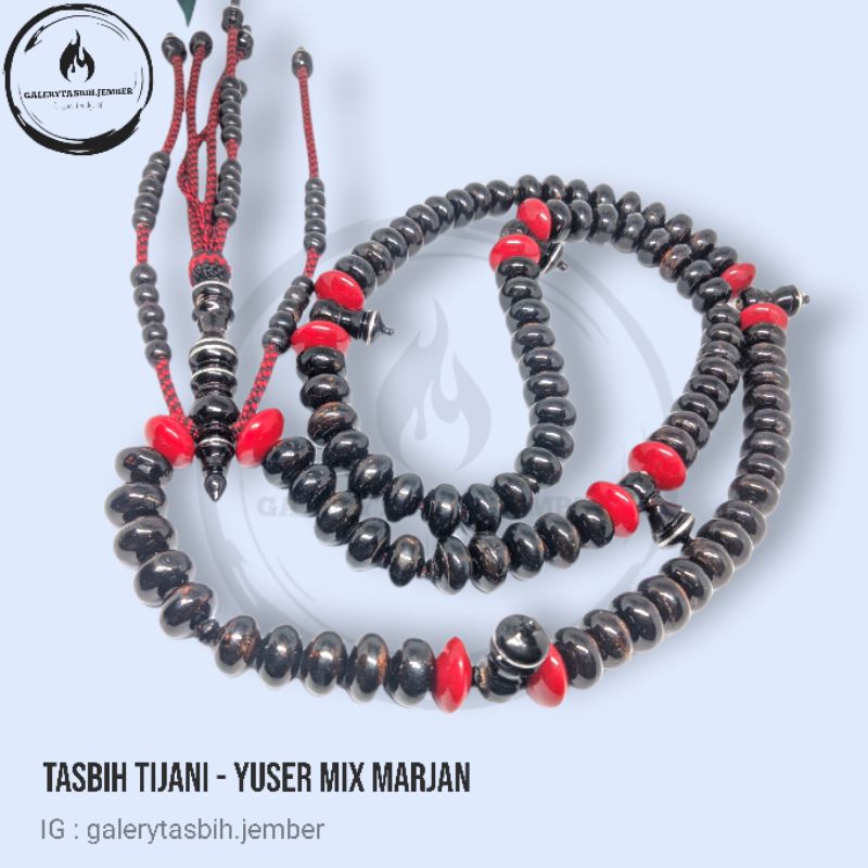 Tasbih Tijani Yuser Hitam original - Kombinasi Butiran Red Coral Marjan - Size 12mm
