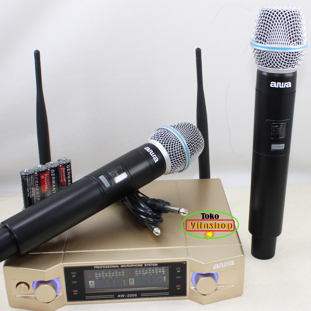 MIC Wireless Aiwa AW-2200 Microphone Wairles 2 Handle Mik Karaoke Vocal Bagus