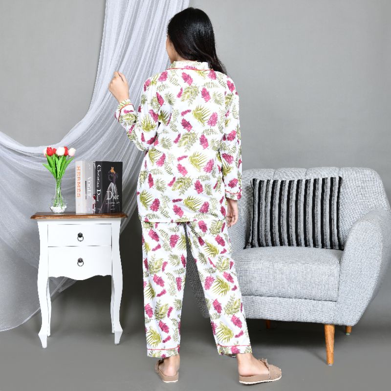 Baju Tidur Piyama Wanita/Cewek Pajamas Dewasa Katun Motif Daun Luina PP Lengan Panjang Kekinian