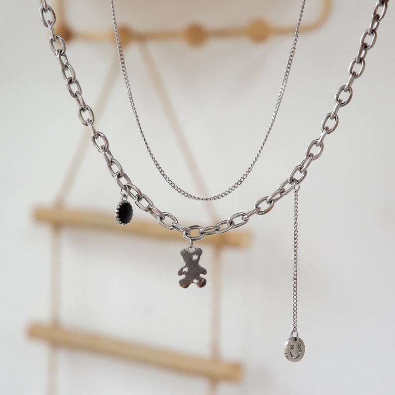 Titanium steel double-layer bear smiley face Kalung chunky Wanita Sederhana Rantai Klavikula influencer Daring hip Wanita