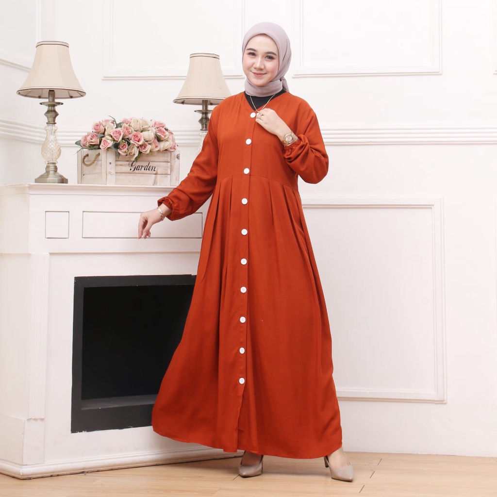 BAJU GAMIS RAYON POLOS TERBARU MODEL KEKINIAN FULL KANCING-Teracota