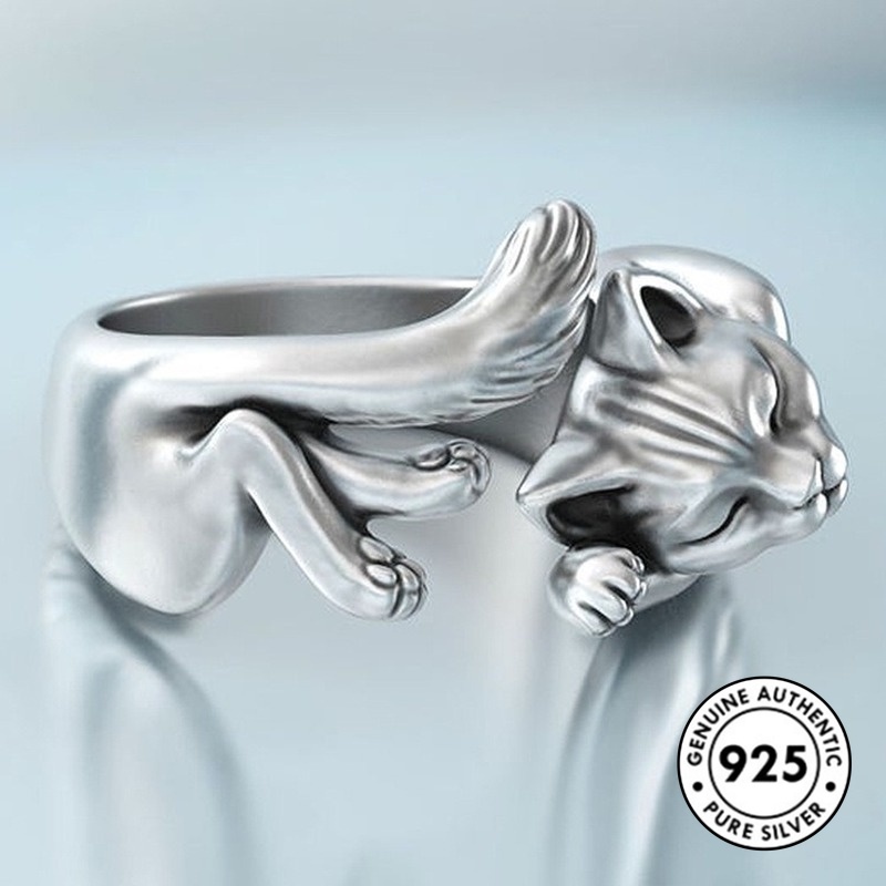 Cincin Model Terbuka Desain Kucing Bahan S925 Silver