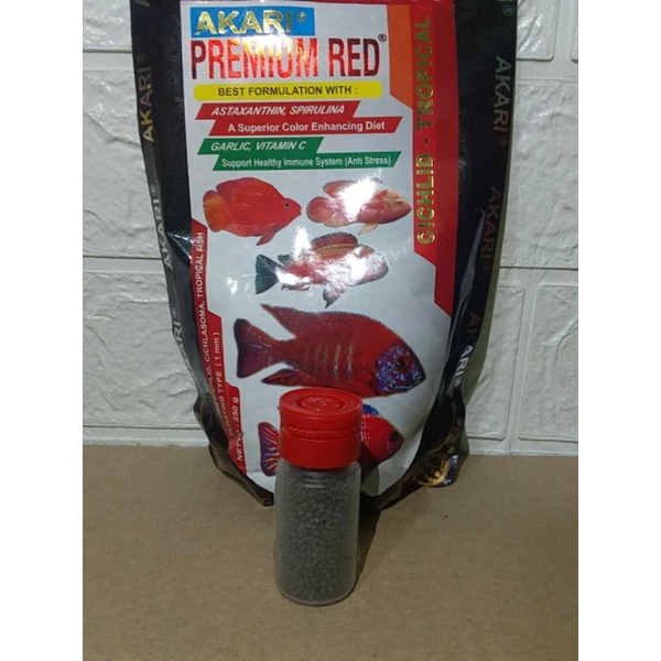 Pelet Akari premium red yellow blue kemasan botol kecil pakan ikan