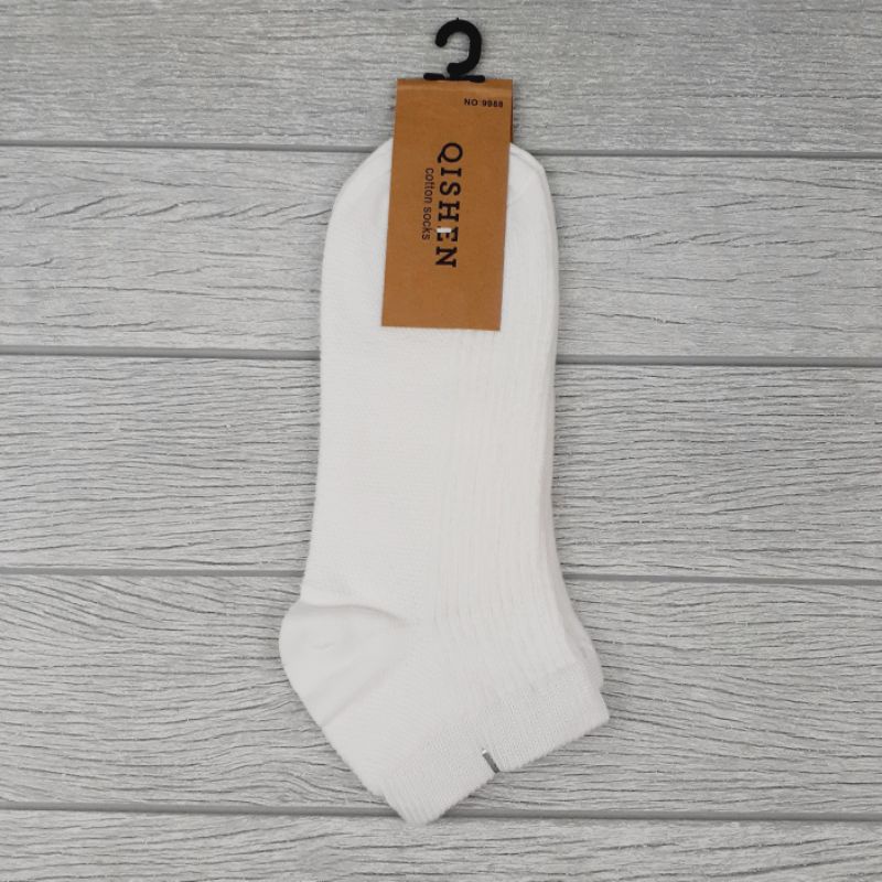 Kaos Kaki Qishen Pendek Polos Katun Mata Kaki Pria Wanita Kualitas Bagus Halus Lembut Nyaman Dipakai Olahraga Sport Kerja Sekolah Kuliah Qshen Tebal Hitam Putih Semata Kaki Import Quality-Putih