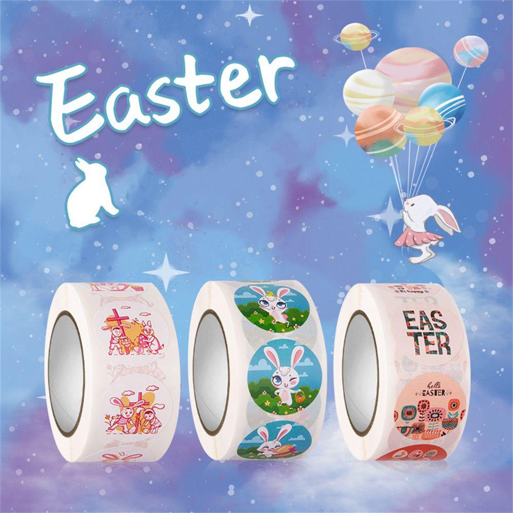 Solighter 500pcs/roll Stiker Paskah Gift Box Stationery Kelinci Lucu Happy Easter Bunny Stiker Hias