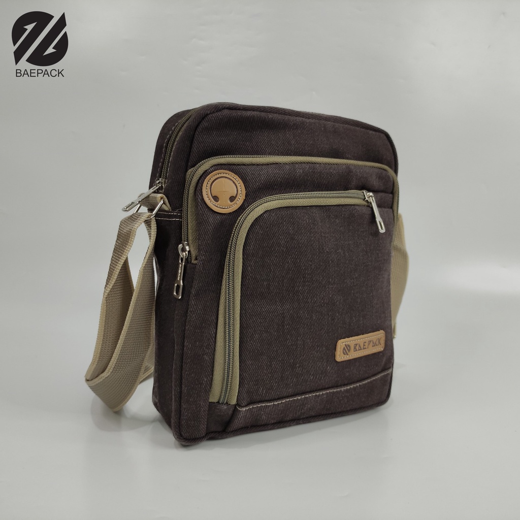 Tas Selempang Kanvas Cowok Dengan Lubang Headset Argo Brown Original Baepack / Tas Bahu Pria / Tas Canvas Terbaik Produsen Bandung