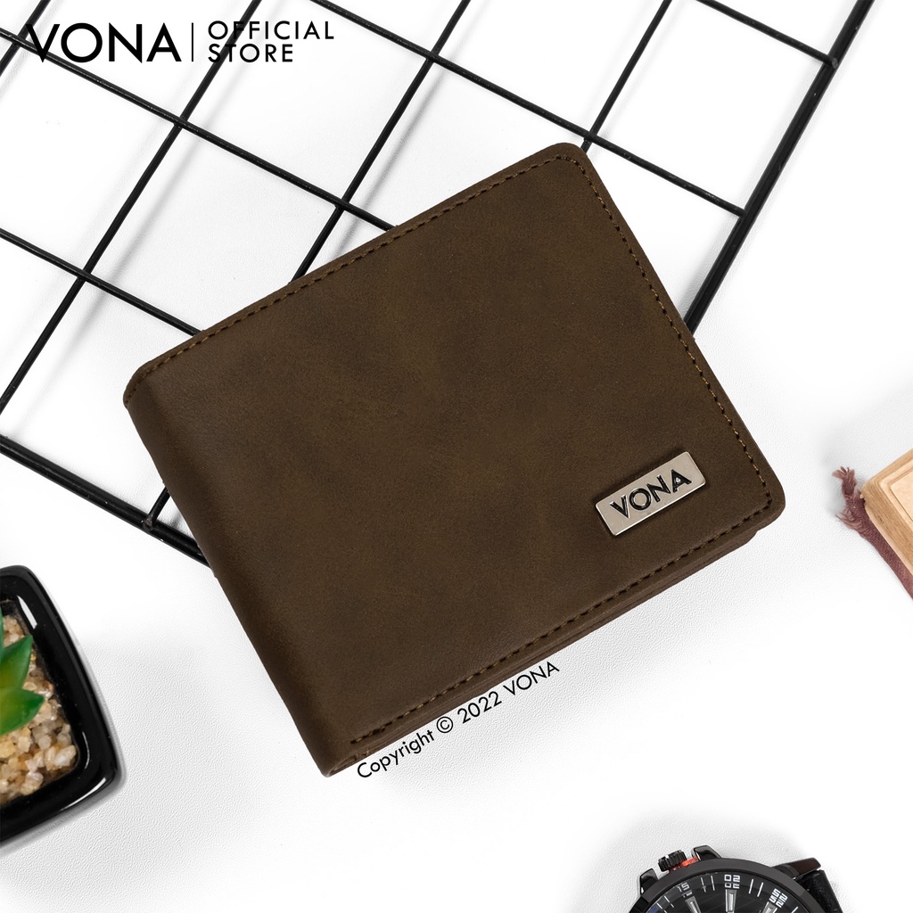 VONA Dompet Pria Lipat Pendek 3 Ruang Extra Slot Kartu Kulit PU Polos - Hitam | Dark Brown | Coklat Brown - LOXLEY-4