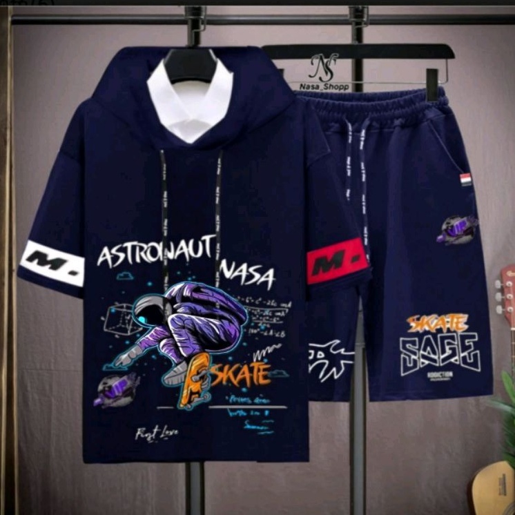 N_S Stelan Pria/Wanita 1Set Distro Baju Hoodie+Celana Pendek ASTRONAUT SKATEEE