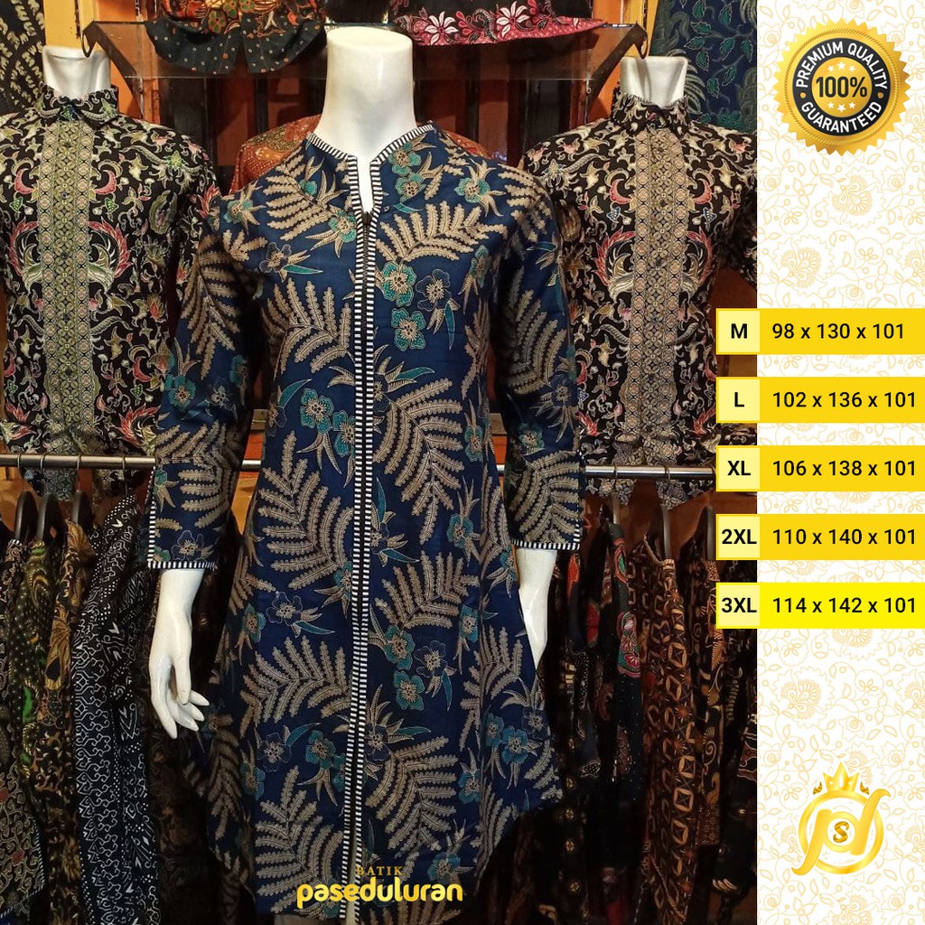 Tunik Wanita Batik Atasan Premium Motif Bunga Ramban Warna Biru Navy Resleting Panjang Terbaru