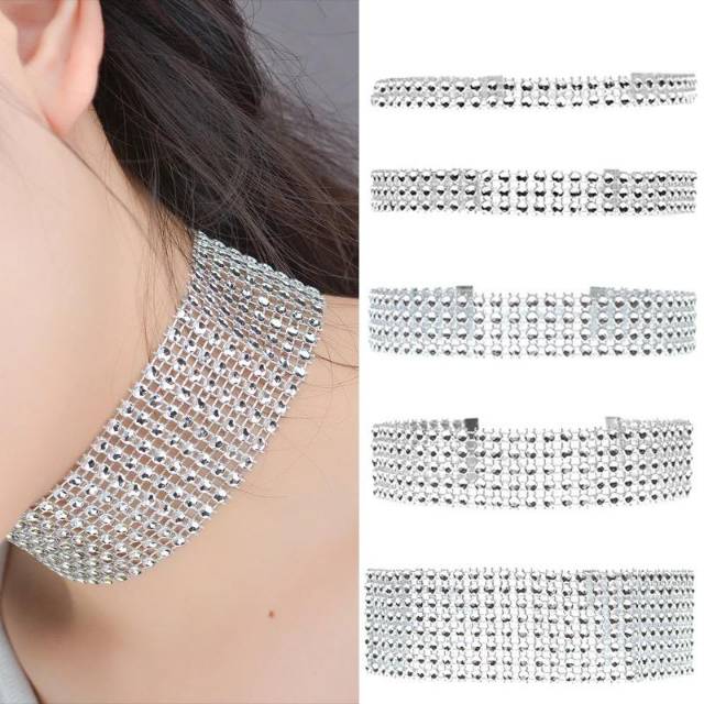 Kalung choker fashion permata putih dan hitam (Rhinestone bar)