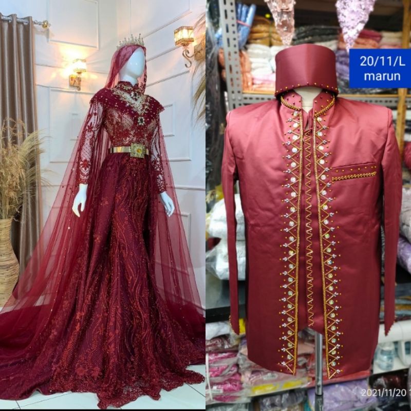 COUPLE WEDDING DRESS NEW MODEL  DUYUNG BEREKOR TERBARU KEBAYA PENGANTIN AKAD NIKAH /BAJU AKAD DRESS MUSLIM/GAUN WEDDING DRESS BEREKOR /SLIM DRESS DUYUNG PAYET JEPANG