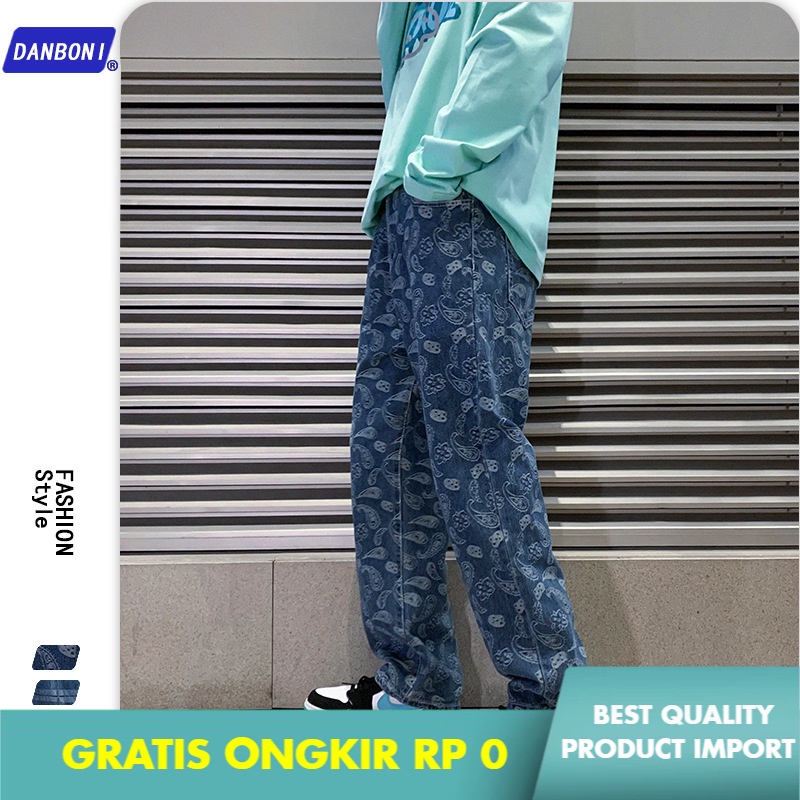 Celana Jeans Pria Pria  Spring Getaran Angin High Street Paisley Jeans Pria Lurus  Jacquard Plaid Pe