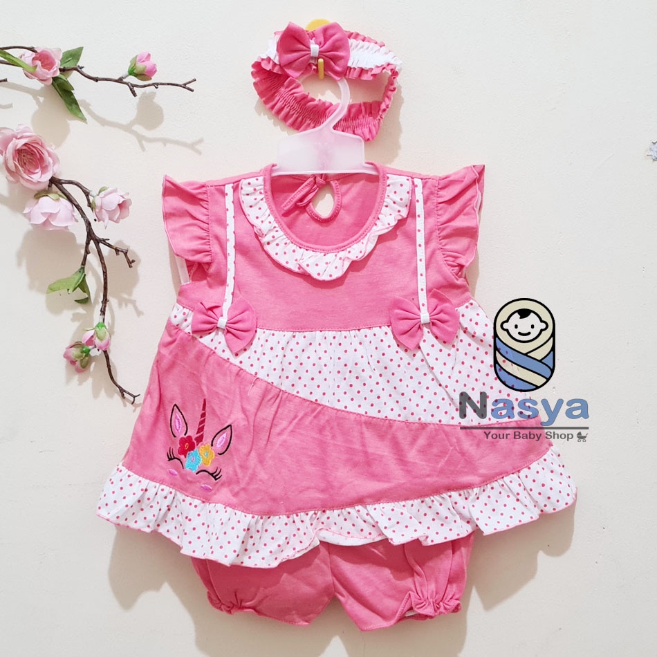 [P-062] Baju Bayi / Dress Bayi Perempuan 0-6 bulan Motif Bear (bonus bandana) 0-6 bulan