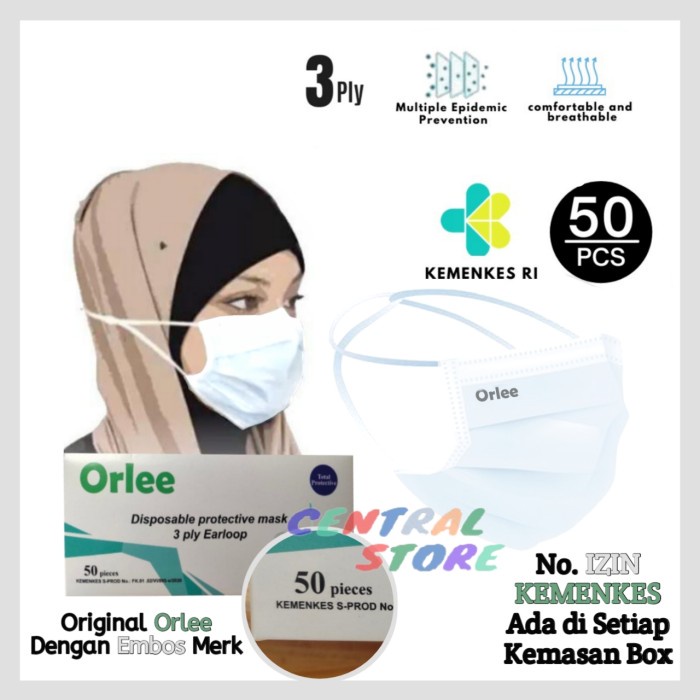 MASKER- MASKER MEDIS HEADLOOP HIJAB 3 PLY KEMENKES RI MASKER ORLEE ISI 50 PCS - BIRU -MASKER.