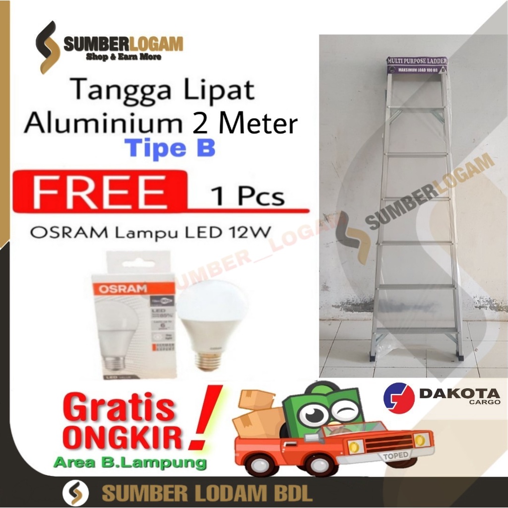 Tangga Lipat Aluminium 2 Meter Tipe B BONUS OSRAM Lampu LED 12W