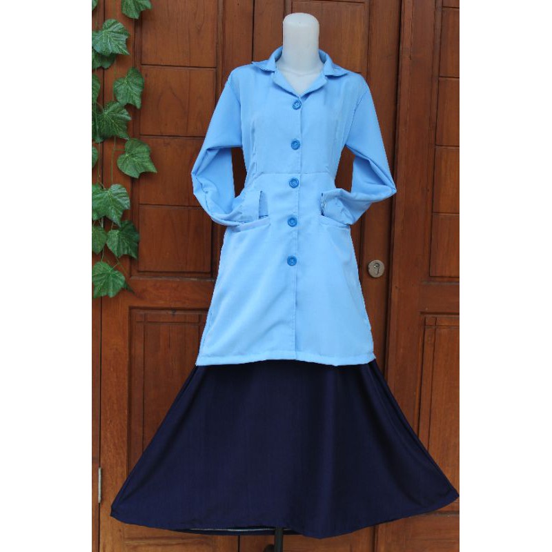 Seragam Kerja Setelan Gamis Biru Muda Angkatan Laut Kombinasi Navy