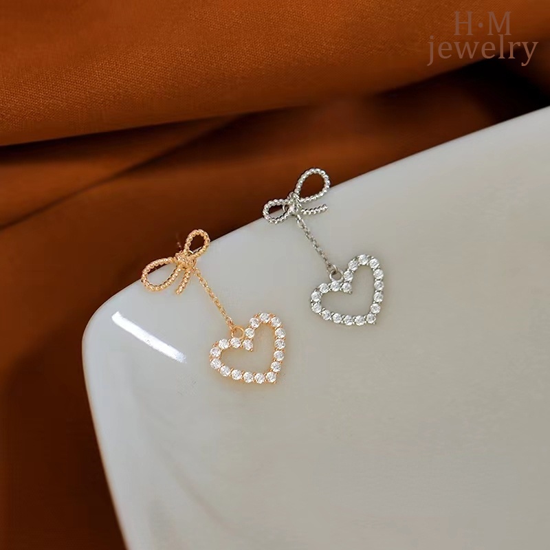 Anting Tusuk Sterling Silver 925 Desain Pita + Hati Hias Berlian Imitasi Untuk Wanita