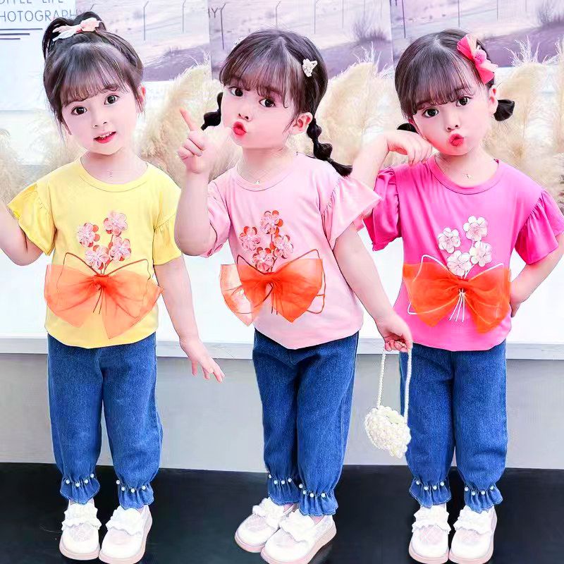 [1-5 TAHUN] SETELAN ANAK PEREMPUAN CELANA JEANS PANJANG CUTBRAY IMPORT+KAOS LUCU BAHAN KATUN COTTON BUNGA PITA 1 2 3 4 5 TAHUN