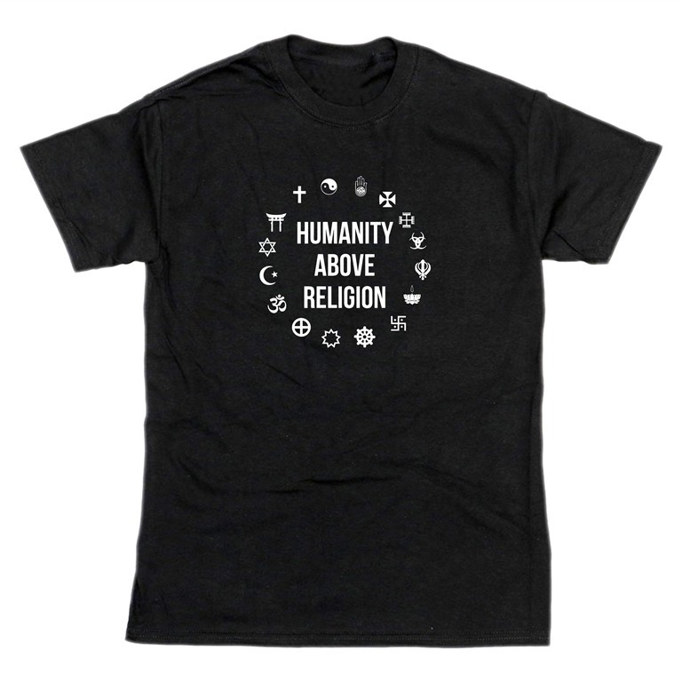 Kaos Distro Majelis Lucu Indonesia Merch Custom MLI " HUMANITY ABOVE RELIGION " Premium Baju Terbaik