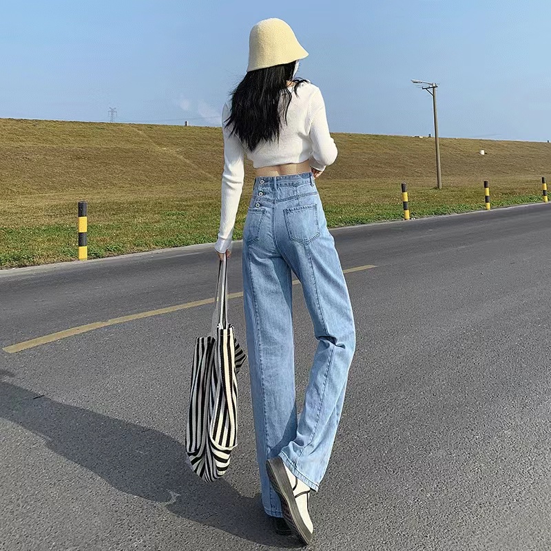 High waist Korean Style Kasual Kulot Loose Straight Panjang Denim Bagy Wide Leg Celana Jeans Wanita