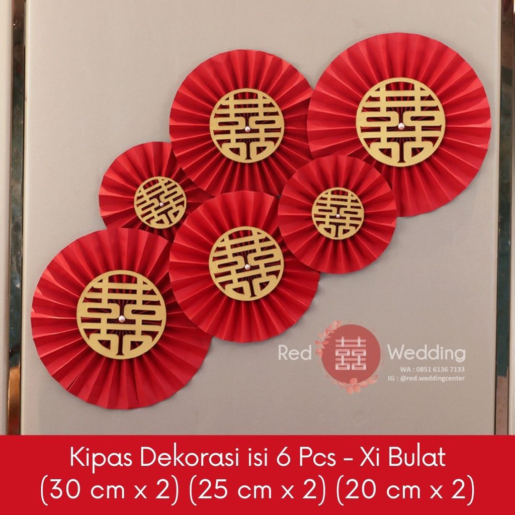 Set Dekor Paperfan Dekorasi Wedding Sangjit bentuk kipas dengan tulisan Shuang Xi untuk dekor Rumah / Kamar