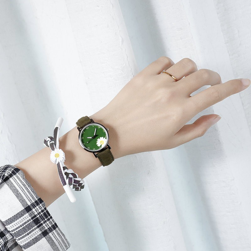 [COD] Jam Tangan Import Gaya Korea Jam Tangan Quartz Analog Casual Gaya Retro Wanita Korea Strap PU Cantik-Bunga hijau