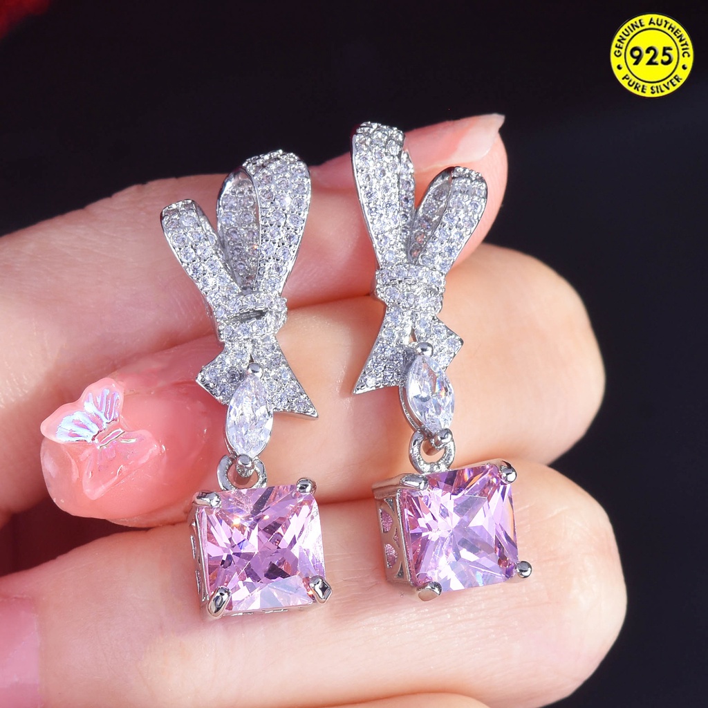 Anting Tusuk Gantung Bahan Sterling Silver 925 Desain Bunga Hias Berlian Pink Untuk Wanita