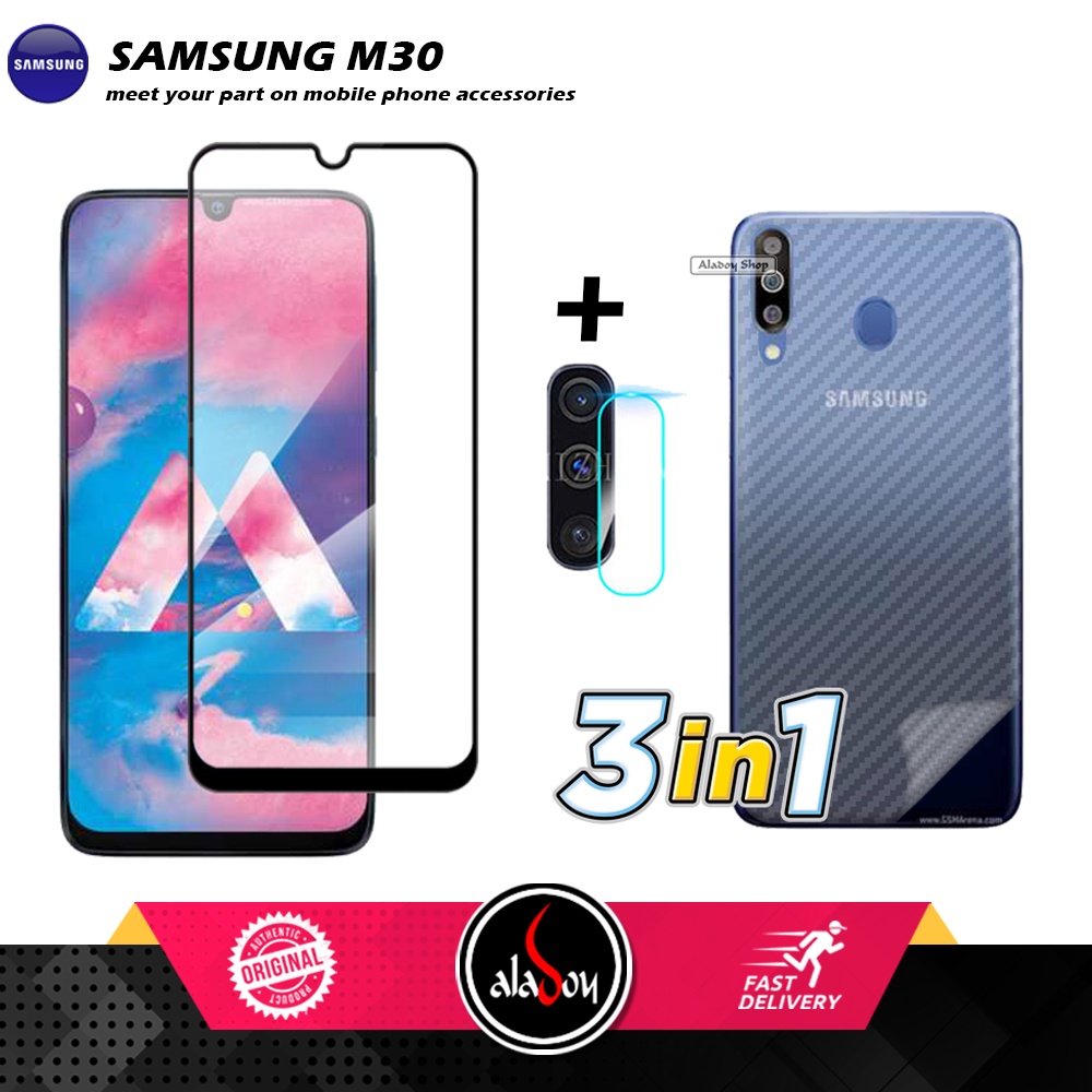 PAKET 3 IN 1 Tempered Glass Layar Samsung M30 Free Tempered Glass Camera dan Skin Carbon