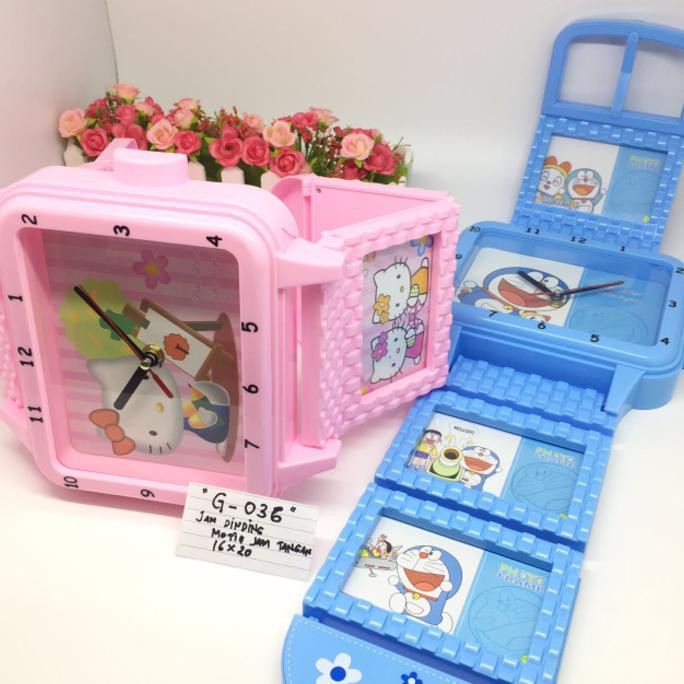 Diskon Jam Dinding Bentuk Jam Tangan Plus Frame Foto Doraemon Dan Hello Kitty - Merah Muda Terbaru