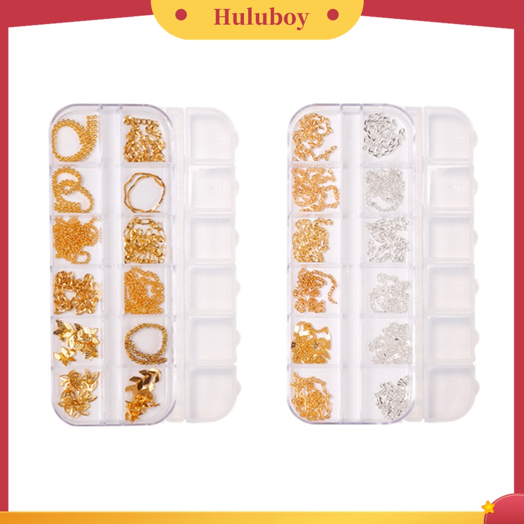 Huluboy Huluboy♡ 12 Grid / Kotak Rantai Kuku 3D Efek Glitter Bahan Alloy Metal Untuk Dekorasi Manicure Wanita