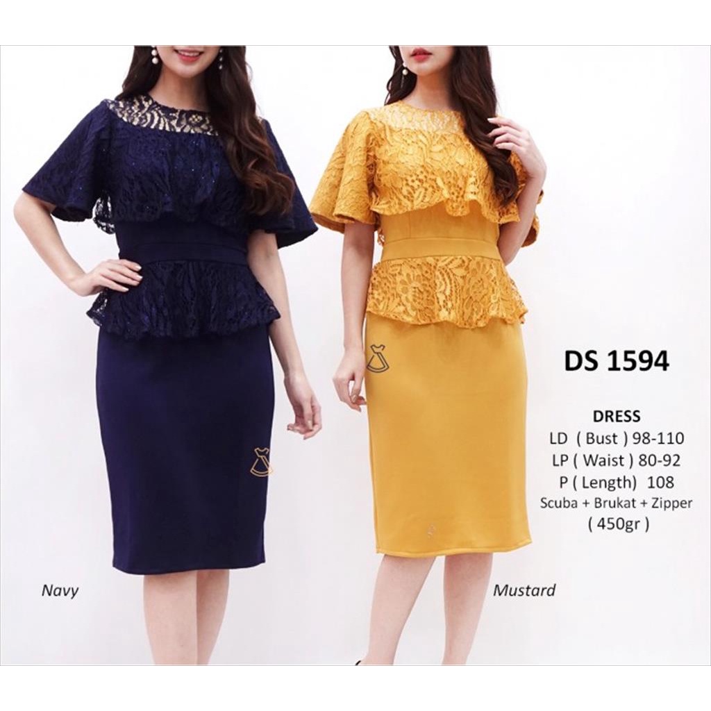 DS1594 DRESS PESTA BRUKAT LACE SEPAN PEPLUM SCUBA PARTY DRESS